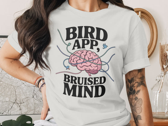 birds tangled around brain graphic with headline — women’s t-shirt