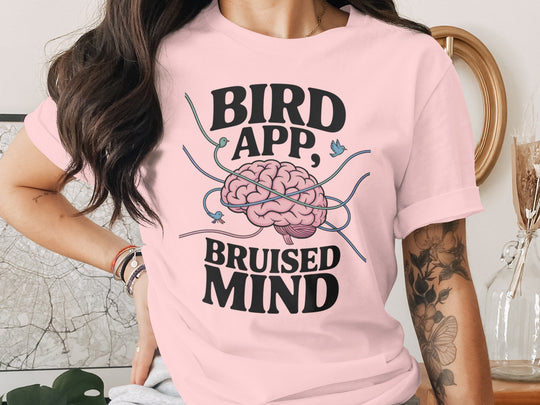 birds tangled around brain graphic with headline — women’s t-shirt