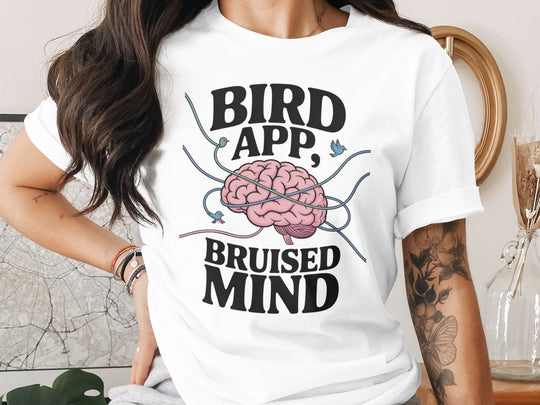 birds tangled around brain graphic with headline — women’s t-shirt