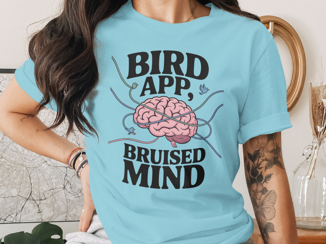 birds tangled around brain graphic with headline — women’s t-shirt