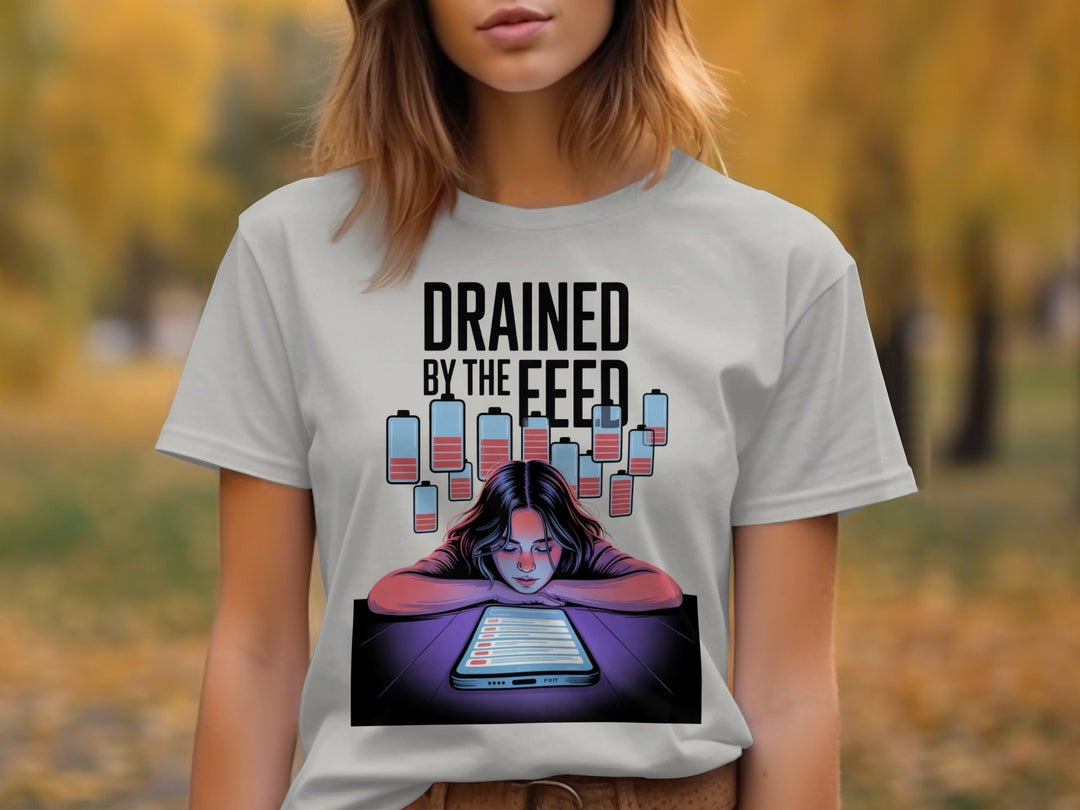 drained by the feed low-battery phone graphic — women’s t-shirt
