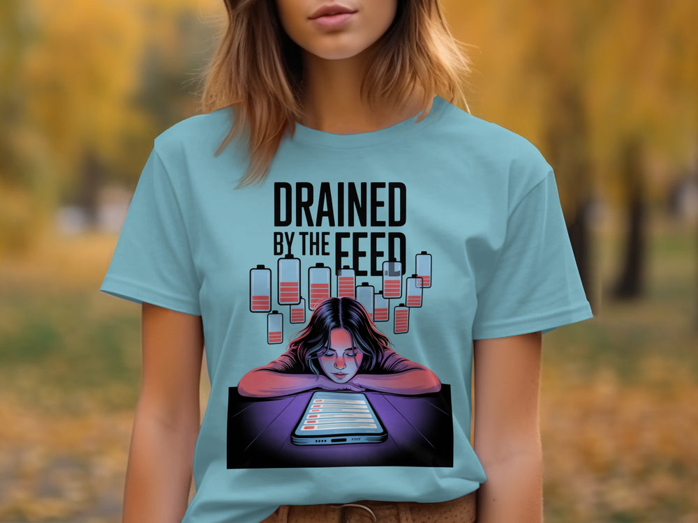 drained by the feed low-battery phone graphic — women’s t-shirt