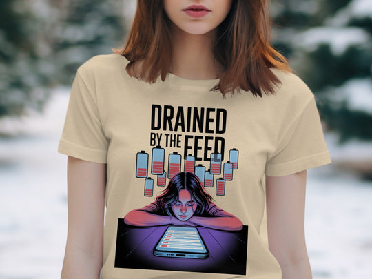 drained by the feed low-battery phone graphic — women’s t-shirt