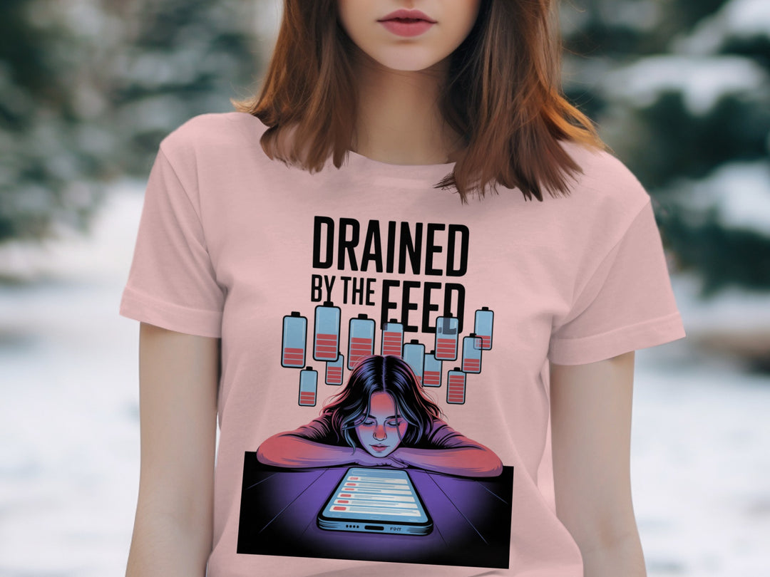 drained by the feed low-battery phone graphic — women’s t-shirt