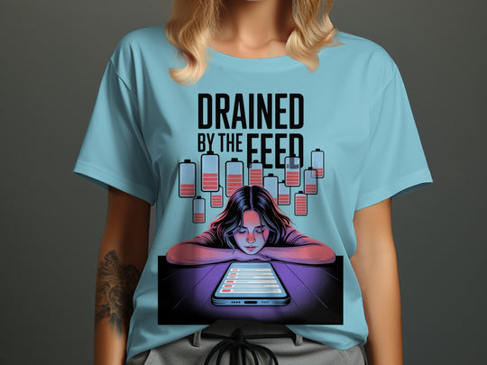 drained by the feed low-battery phone graphic — women’s t-shirt