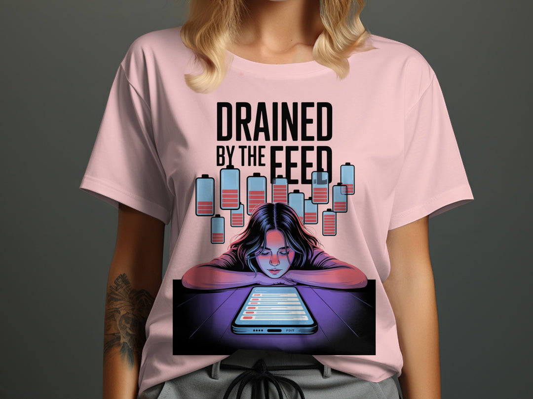 drained by the feed low-battery phone graphic — women’s t-shirt