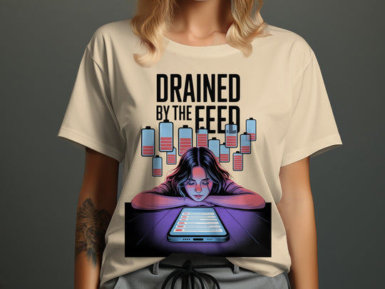 drained by the feed low-battery phone graphic — women’s t-shirt