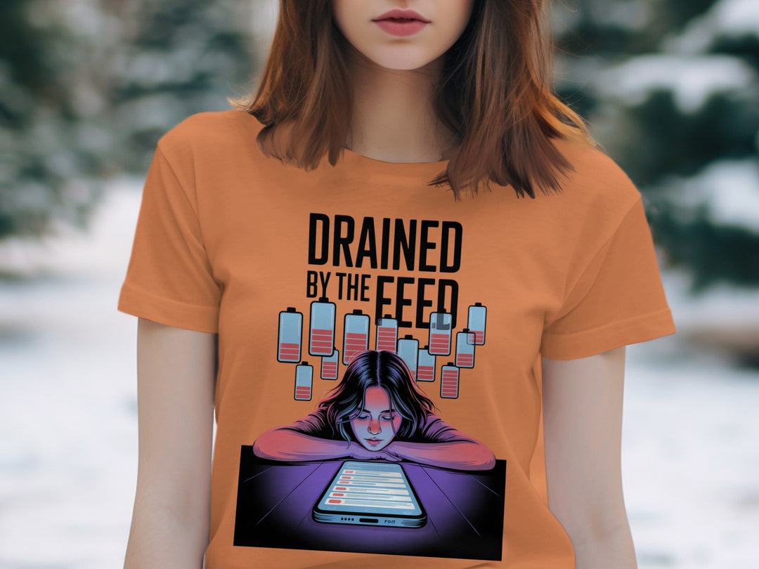 drained by the feed low-battery phone graphic — women’s t-shirt