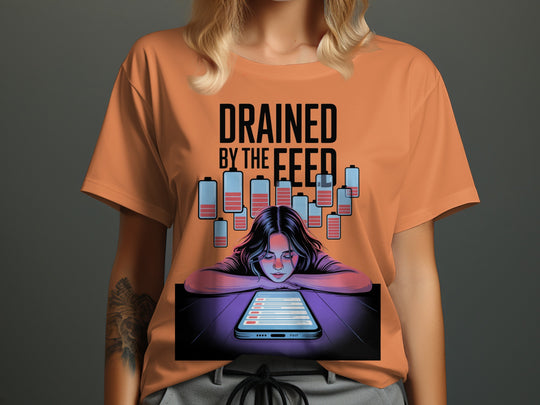 drained by the feed low-battery phone graphic — women’s t-shirt