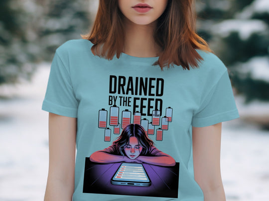 drained by the feed low-battery phone graphic — women’s t-shirt