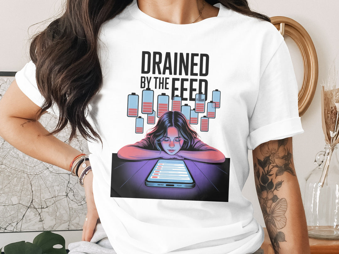 drained by the feed low-battery phone graphic — women’s t-shirt