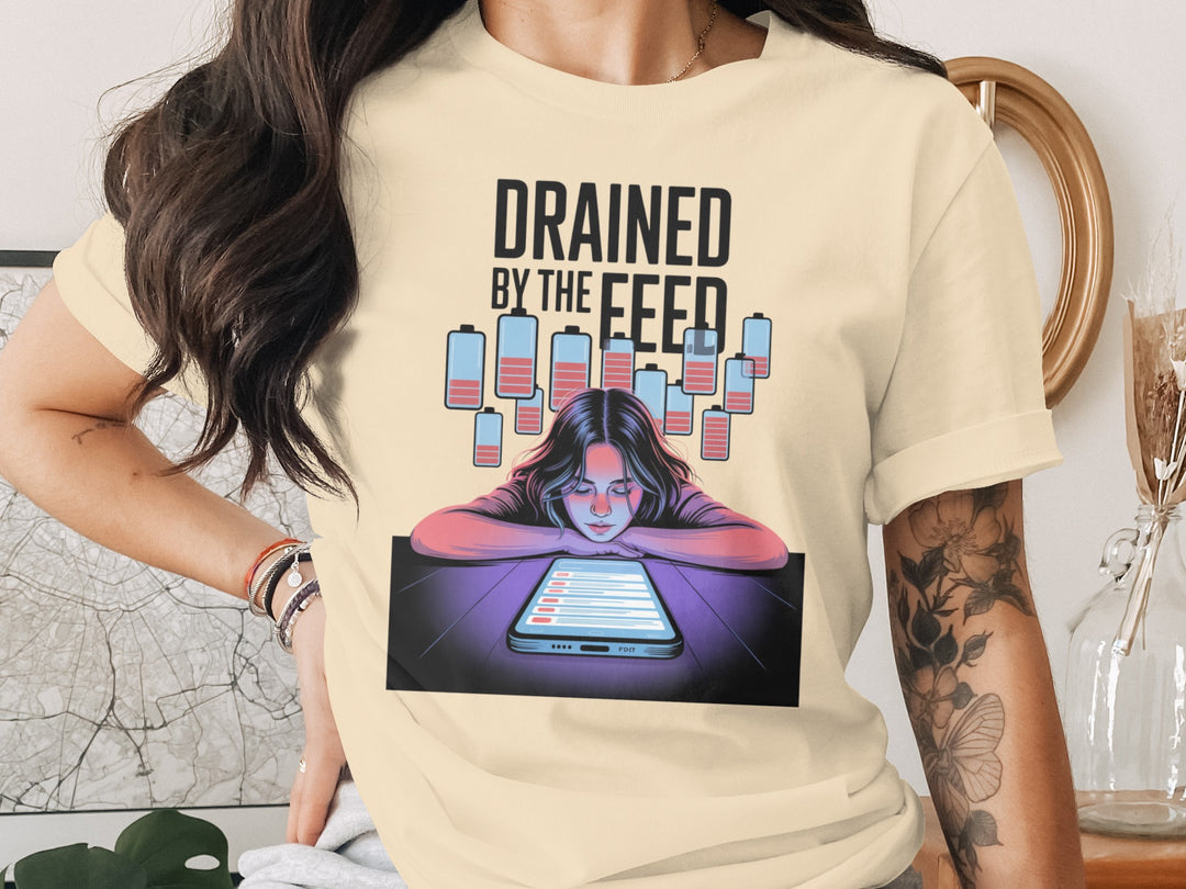 drained by the feed low-battery phone graphic — women’s t-shirt