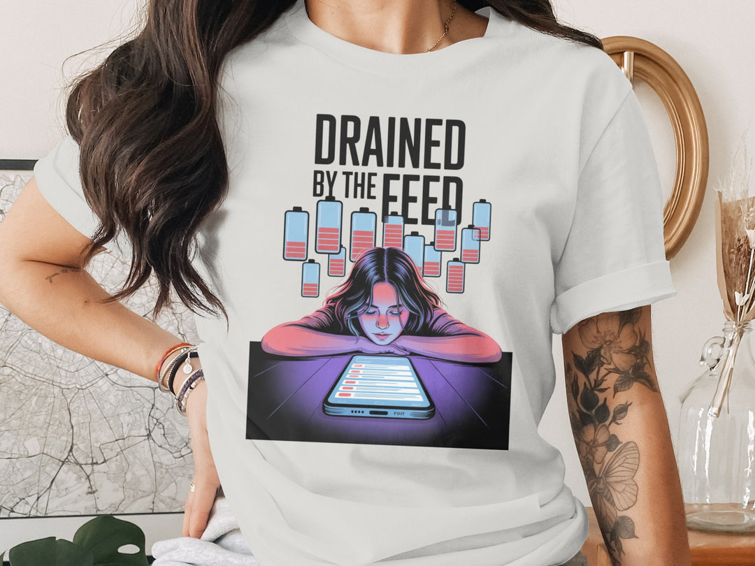 drained by the feed low-battery phone graphic — women’s t-shirt