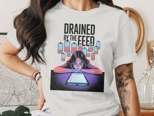 drained by the feed low-battery phone graphic — women’s t-shirt