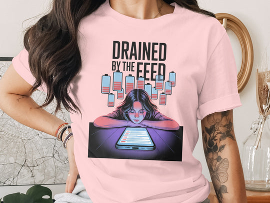 drained by the feed low-battery phone graphic — women’s t-shirt
