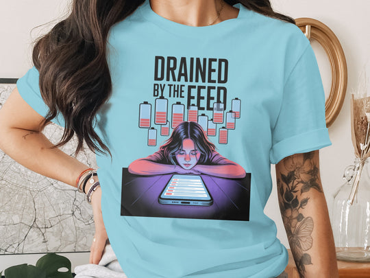 drained by the feed low-battery phone graphic — women’s t-shirt
