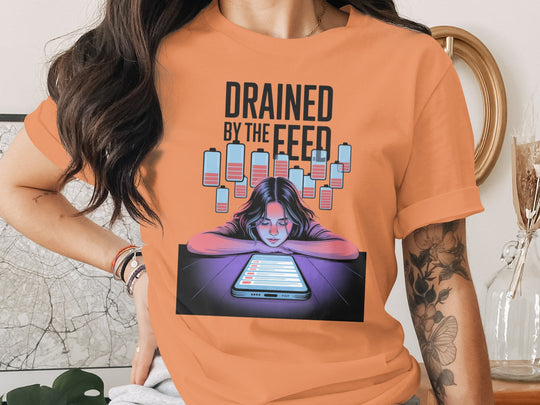 drained by the feed low-battery phone graphic — women’s t-shirt
