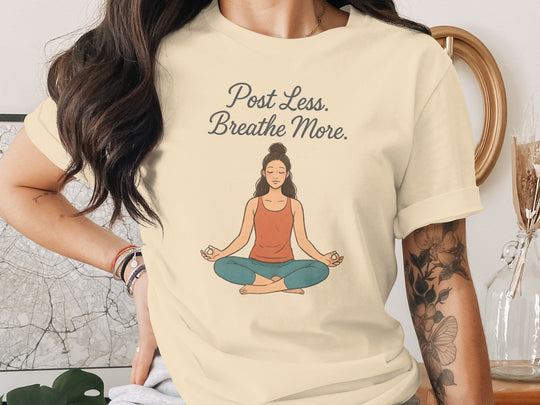 post less breathe more yoga meditation graphic — women’s t-shirt