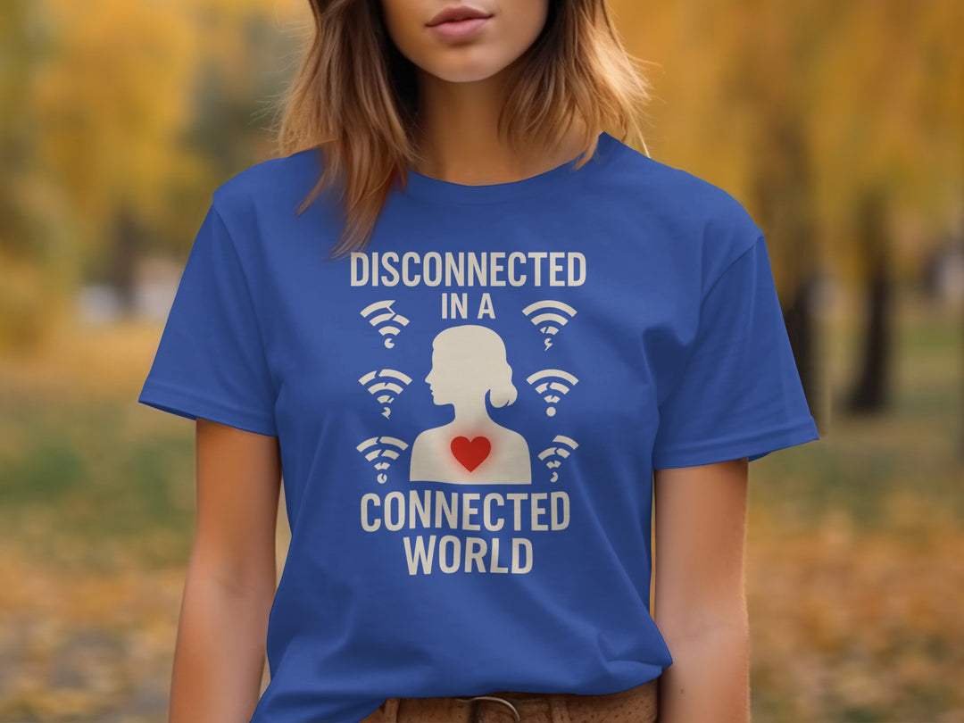 disconnected in a connected world women’s t-shirt with wifi icons and heart silhouette