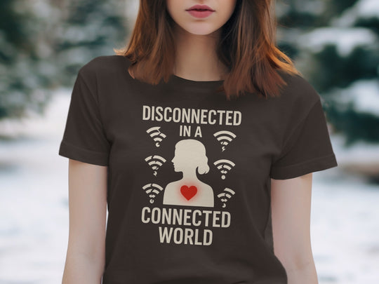 disconnected in a connected world women’s t-shirt with wifi icons and heart silhouette