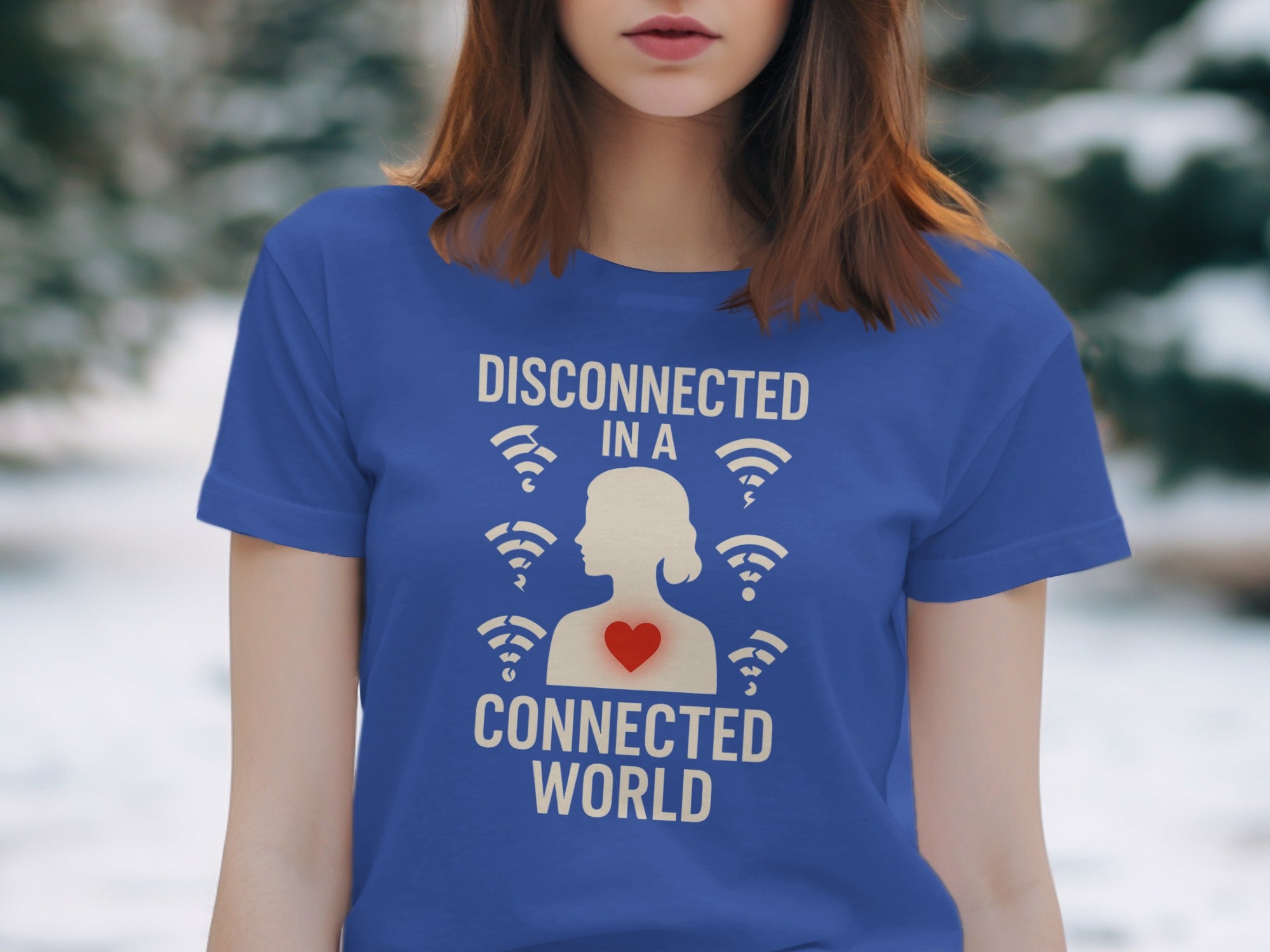disconnected in a connected world women’s t-shirt with wifi icons and heart silhouette