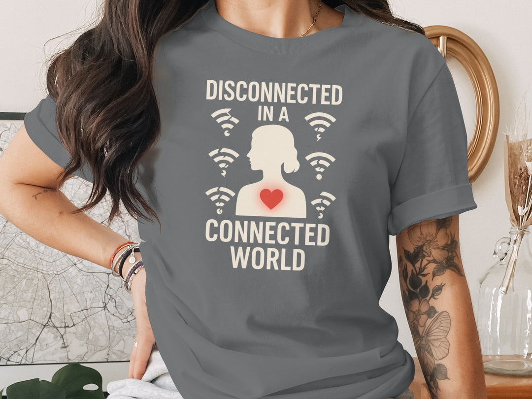 disconnected in a connected world women’s t-shirt with wifi icons and heart silhouette