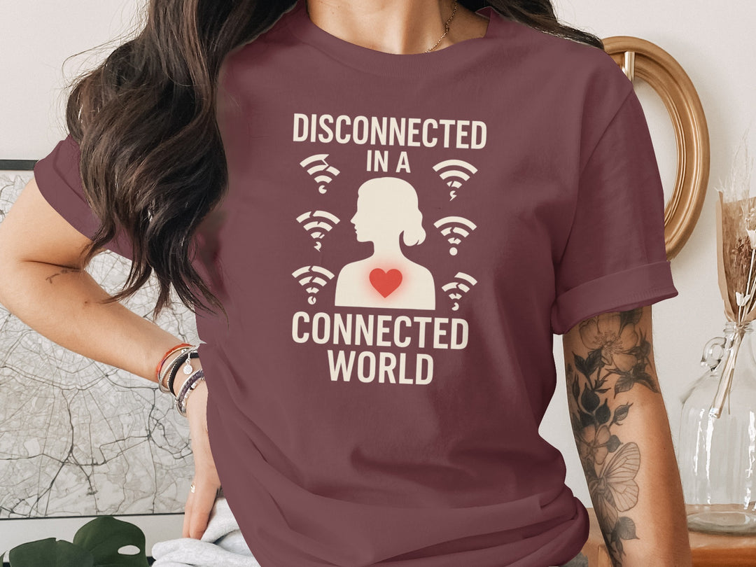 disconnected in a connected world women’s t-shirt with wifi icons and heart silhouette