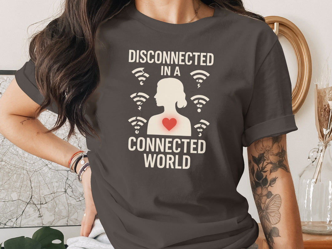 disconnected in a connected world women’s t-shirt with wifi icons and heart silhouette