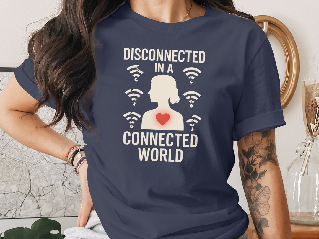 disconnected in a connected world women’s t-shirt with wifi icons and heart silhouette