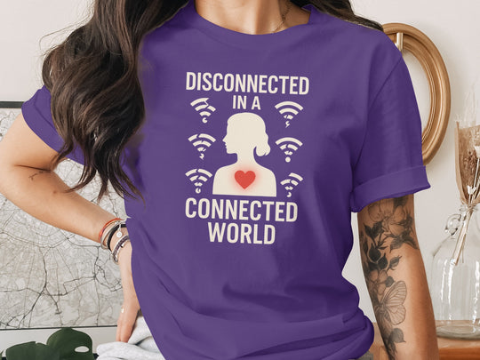 disconnected in a connected world women’s t-shirt with wifi icons and heart silhouette