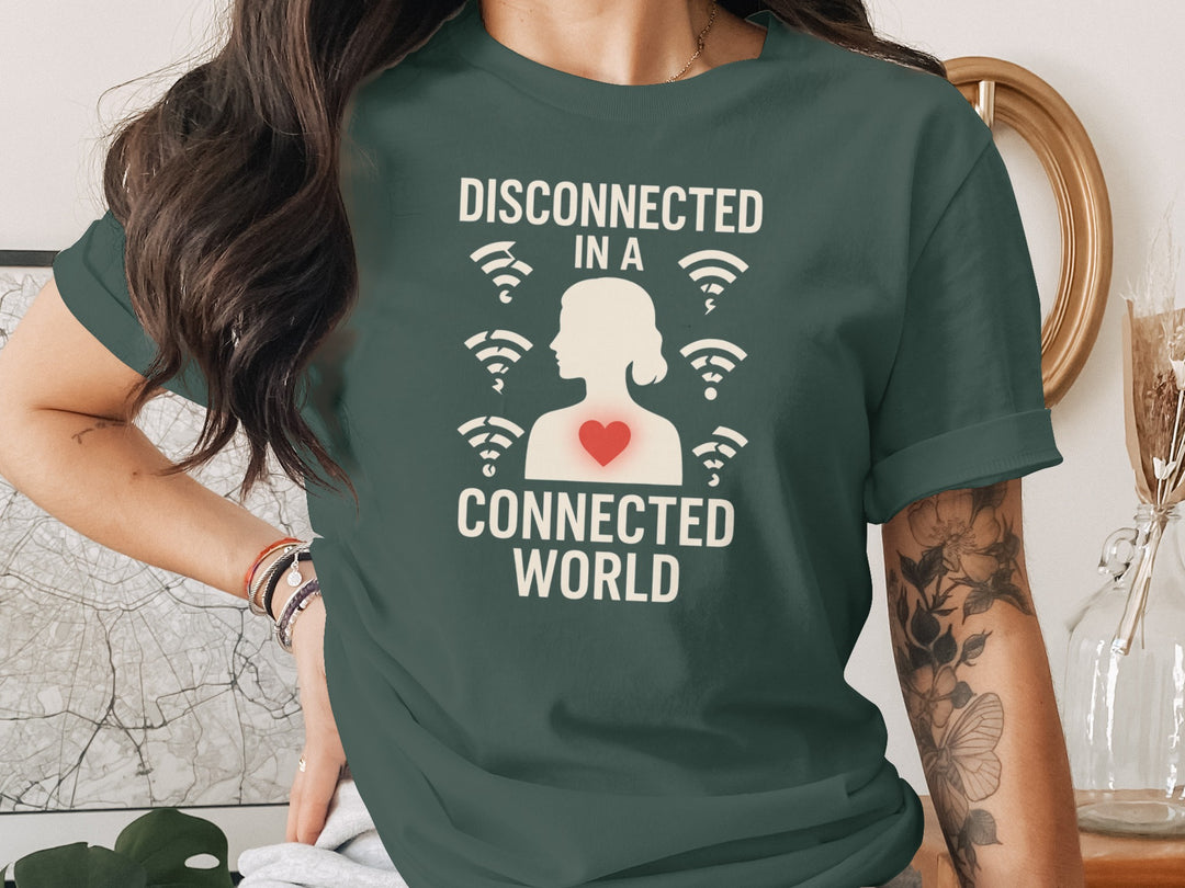 disconnected in a connected world women’s t-shirt with wifi icons and heart silhouette