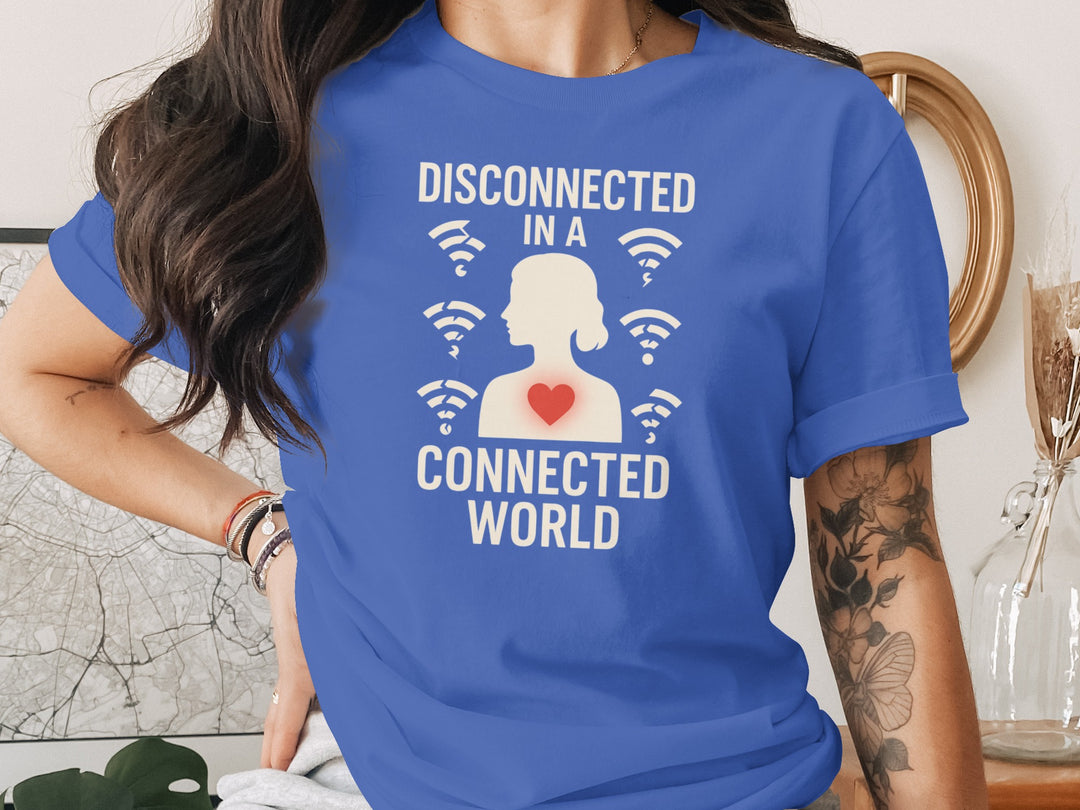 disconnected in a connected world women’s t-shirt with wifi icons and heart silhouette