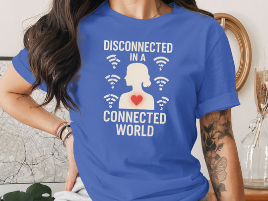 disconnected in a connected world women’s t-shirt with wifi icons and heart silhouette