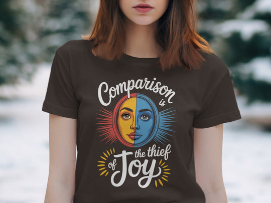 comparison is the thief of joy split sun-and-moon face — women’s t-shirt