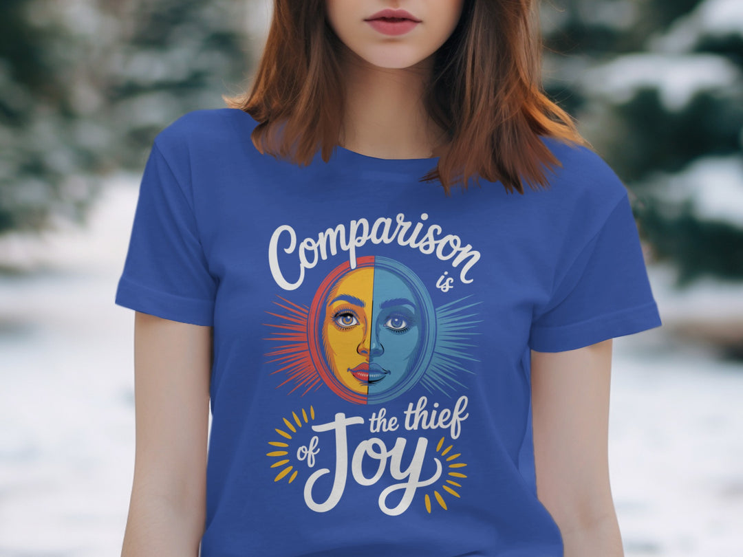 comparison is the thief of joy split sun-and-moon face — women’s t-shirt