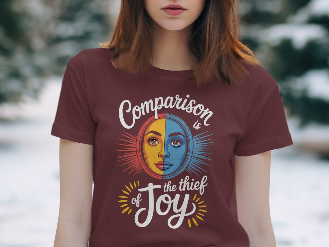 comparison is the thief of joy split sun-and-moon face — women’s t-shirt
