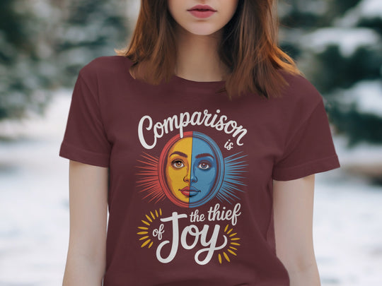 comparison is the thief of joy split sun-and-moon face — women’s t-shirt