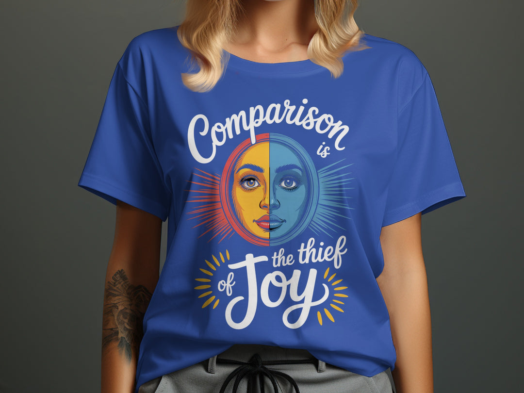 comparison is the thief of joy split sun-and-moon face — women’s t-shirt