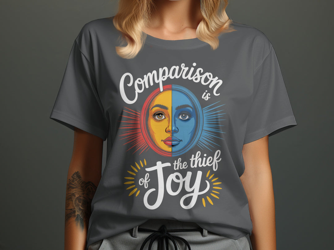 comparison is the thief of joy split sun-and-moon face — women’s t-shirt