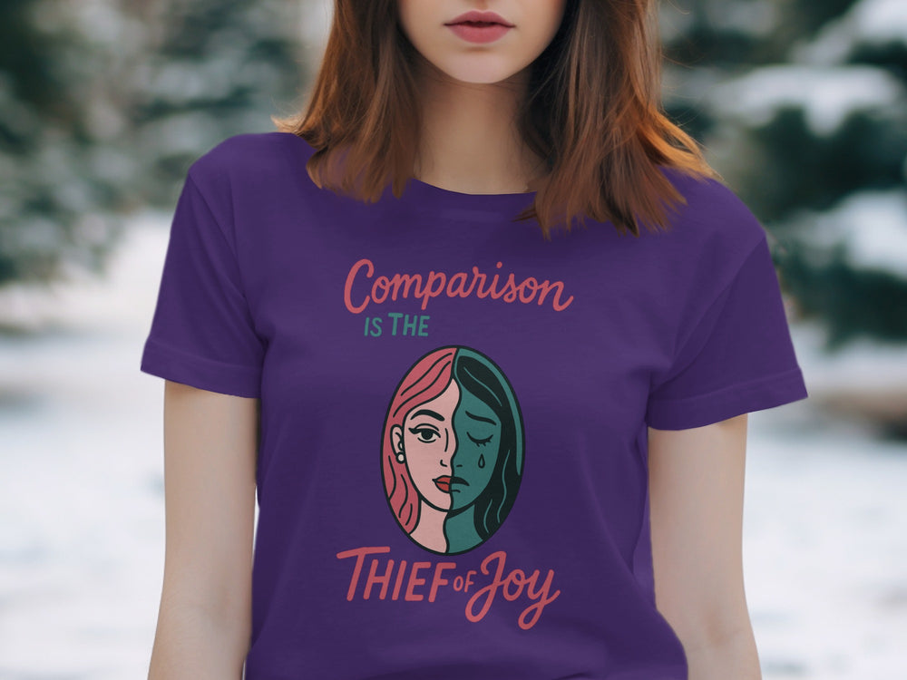 comparison is the thief of joy split-portrait graphic — women’s t-shirt