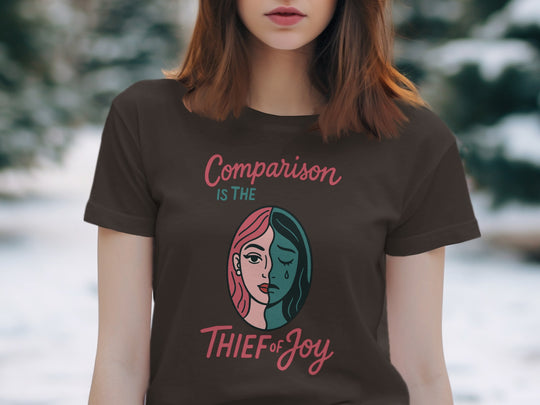 comparison is the thief of joy split-portrait graphic — women’s t-shirt