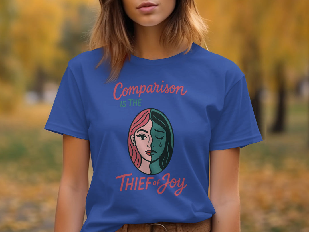 comparison is the thief of joy split-portrait graphic — women’s t-shirt