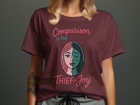 comparison is the thief of joy split-portrait graphic — women’s t-shirt