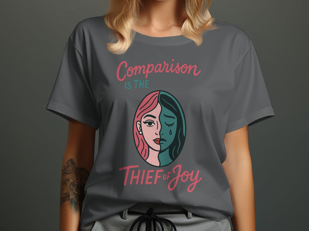 comparison is the thief of joy split-portrait graphic — women’s t-shirt