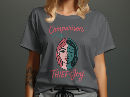 comparison is the thief of joy split-portrait graphic — women’s t-shirt