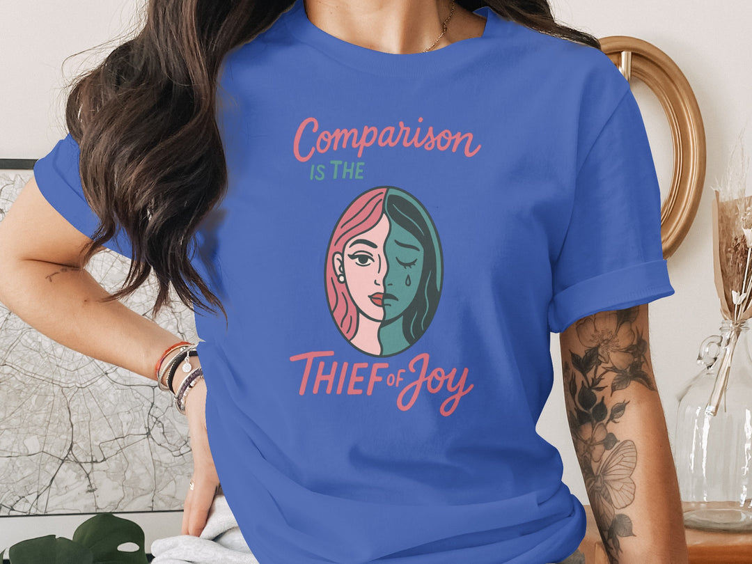 comparison is the thief of joy split-portrait graphic — women’s t-shirt