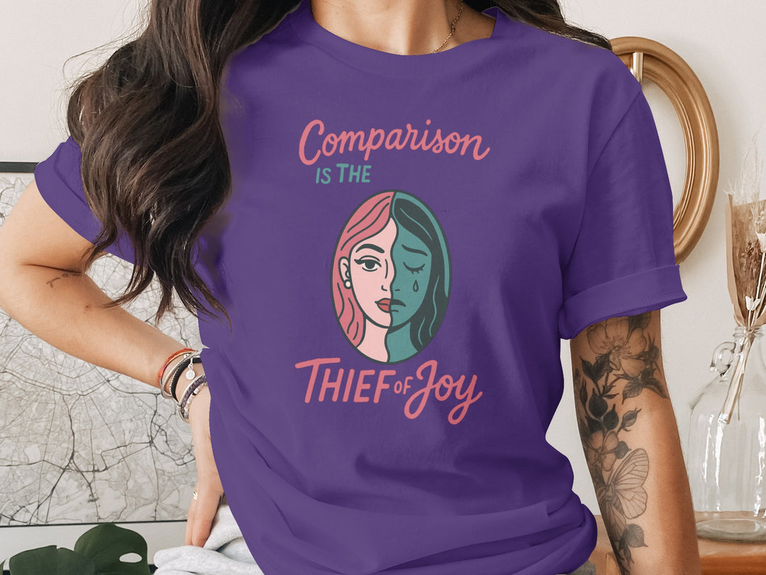 comparison is the thief of joy split-portrait graphic — women’s t-shirt