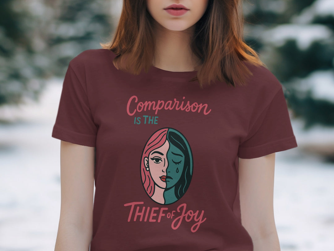 comparison is the thief of joy split-portrait graphic — women’s t-shirt