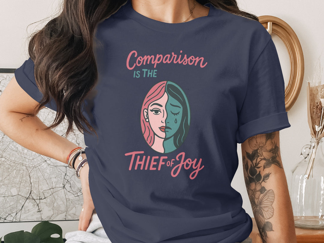 comparison is the thief of joy split-portrait graphic — women’s t-shirt
