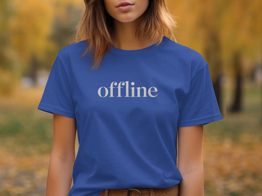 offline women’s t-shirt with minimalist corner wordmark on black